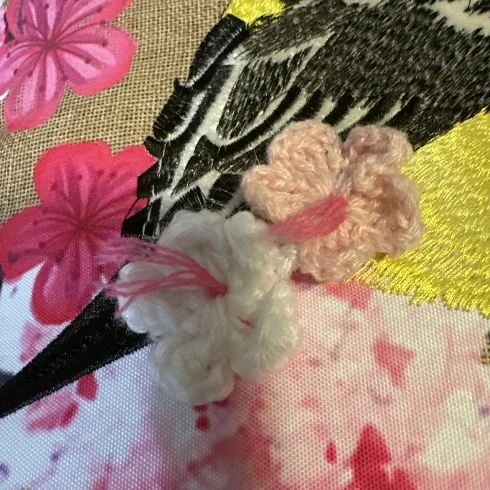 Yellow Finch‎ Embroidered  Indoor Outdoor Pillow Crochet Flowers 17 x 17